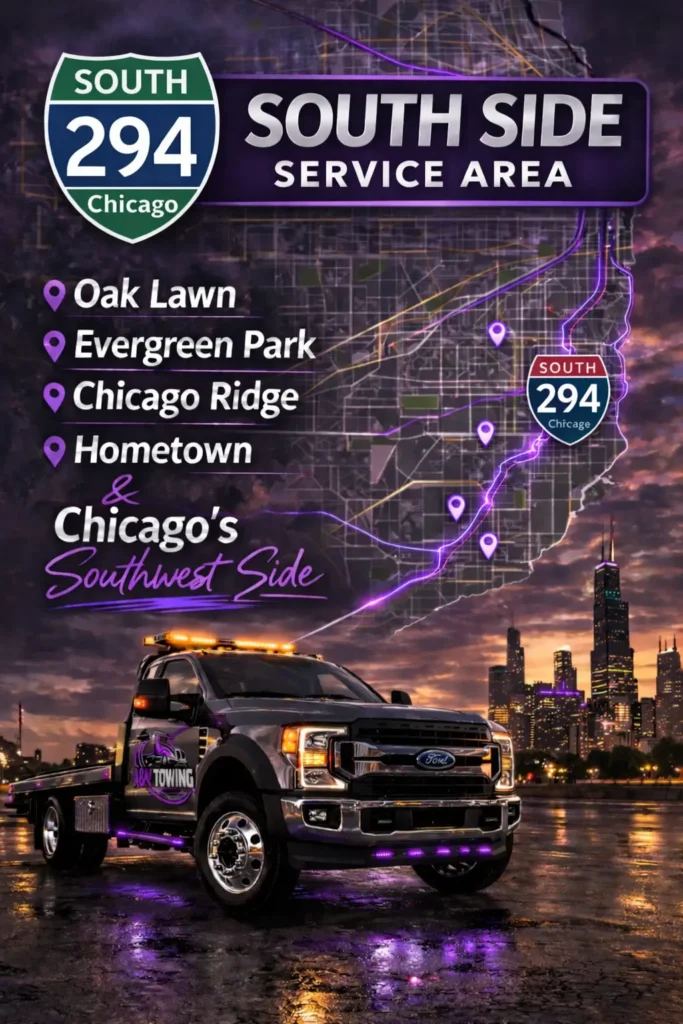 A&N Towing south side service area map near I-294 covering Oak Lawn, Evergreen Park, Chicago Ridge, Hometown and Chicago’s southwest side