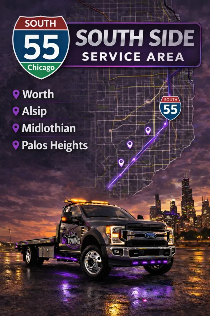 Map showing A&N Towing south side service area near Interstate 55 covering Worth, Alsip, Midlothian and Palos Heights