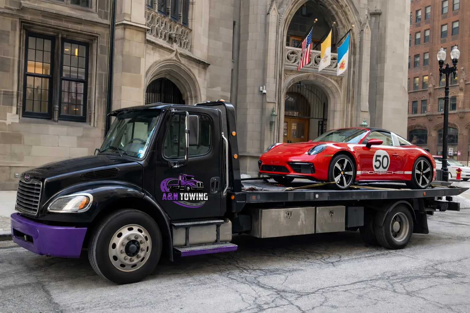 A&N Towing flatbed tow truck transporting a red sports car on a city street in Chicago