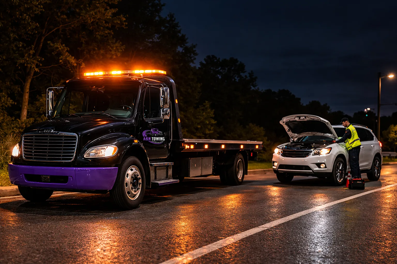 Tow truck providing emergency roadside assistance to a vehicle with the hood open at night