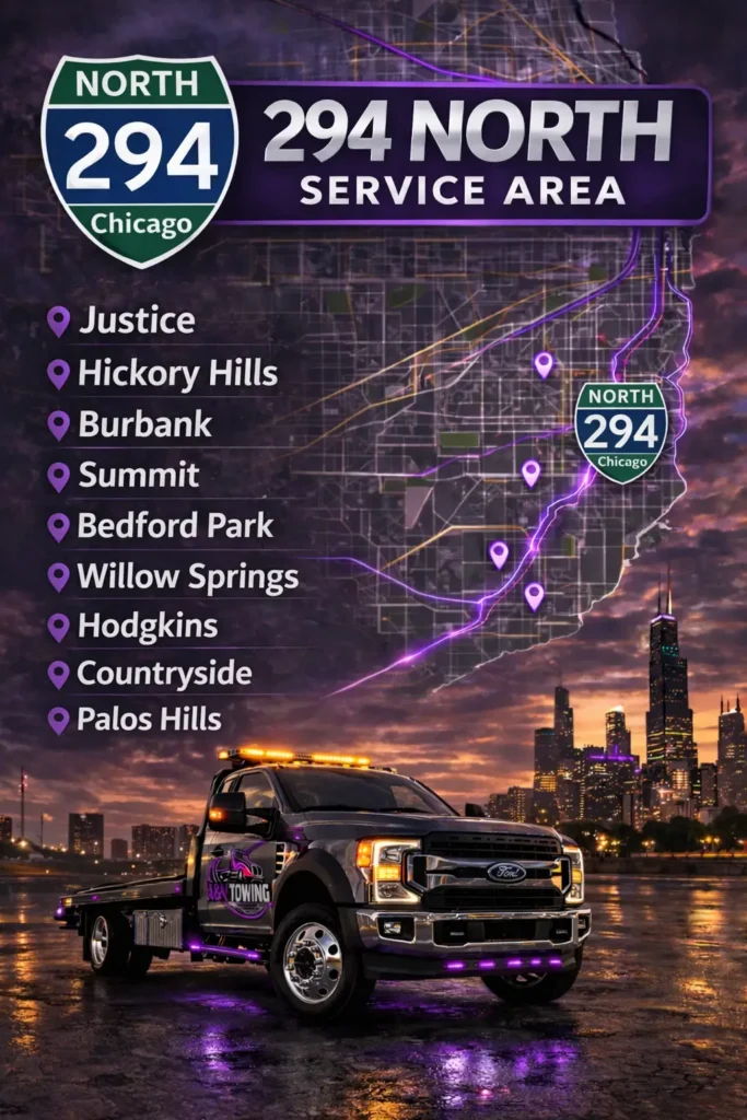 Map showing A&N Towing north side service area near I-294 including Justice, Hickory Hills, Burbank, Summit, Bedford Park, Willow Springs, Hodgkins, Countryside, Burr Ridge and Palos Hills