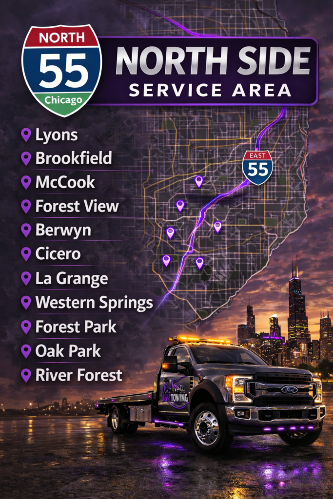 Map showing A&N Towing north side service area near Interstate 55 including Lyons, Brookfield, McCook, Forest View, Berwyn, Cicero, La Grange, Western Springs, Forest Park, Oak Park and River Forest
