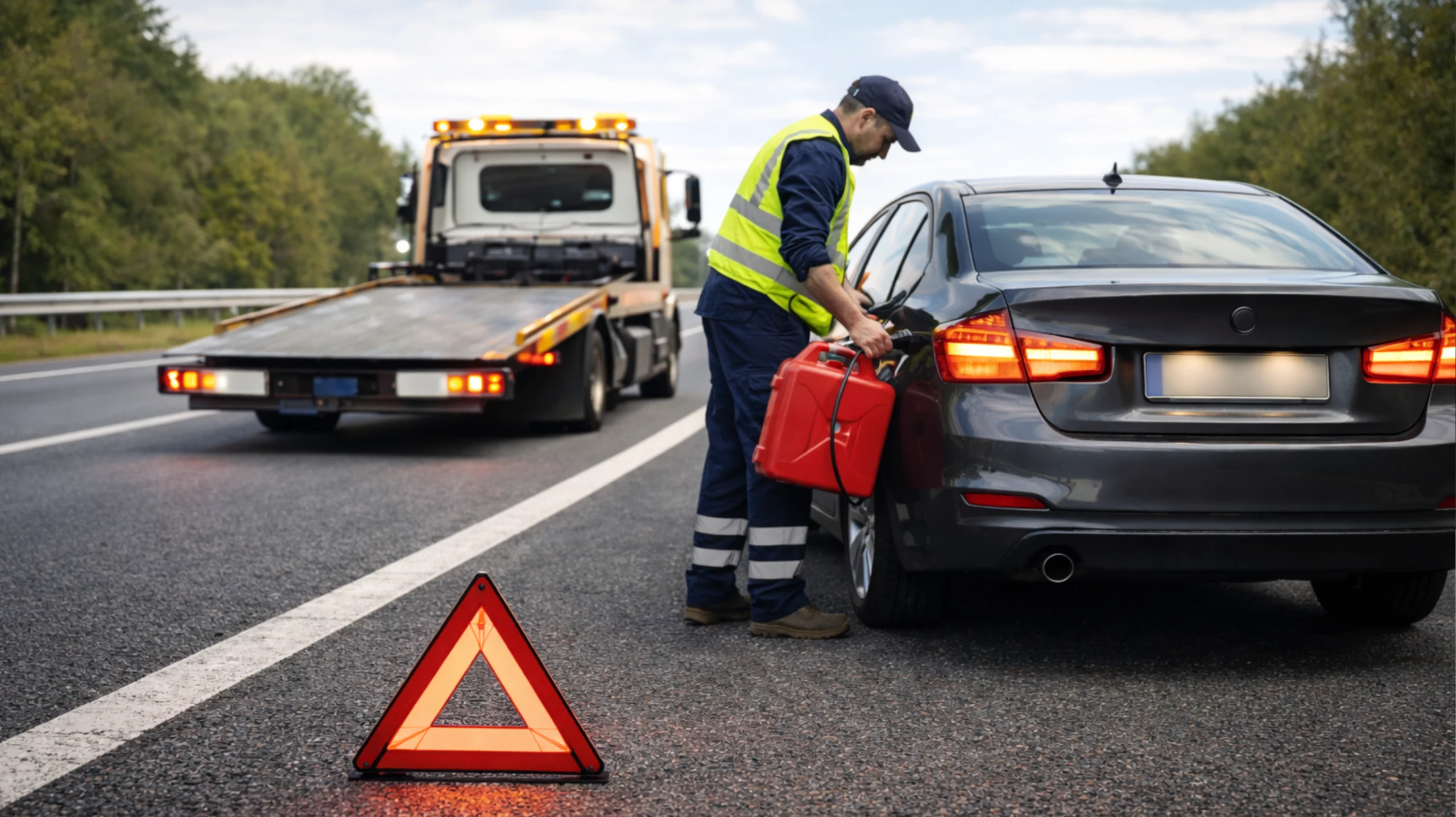 Roadside assistance worker delivering fuel to a stranded vehicle on the highway