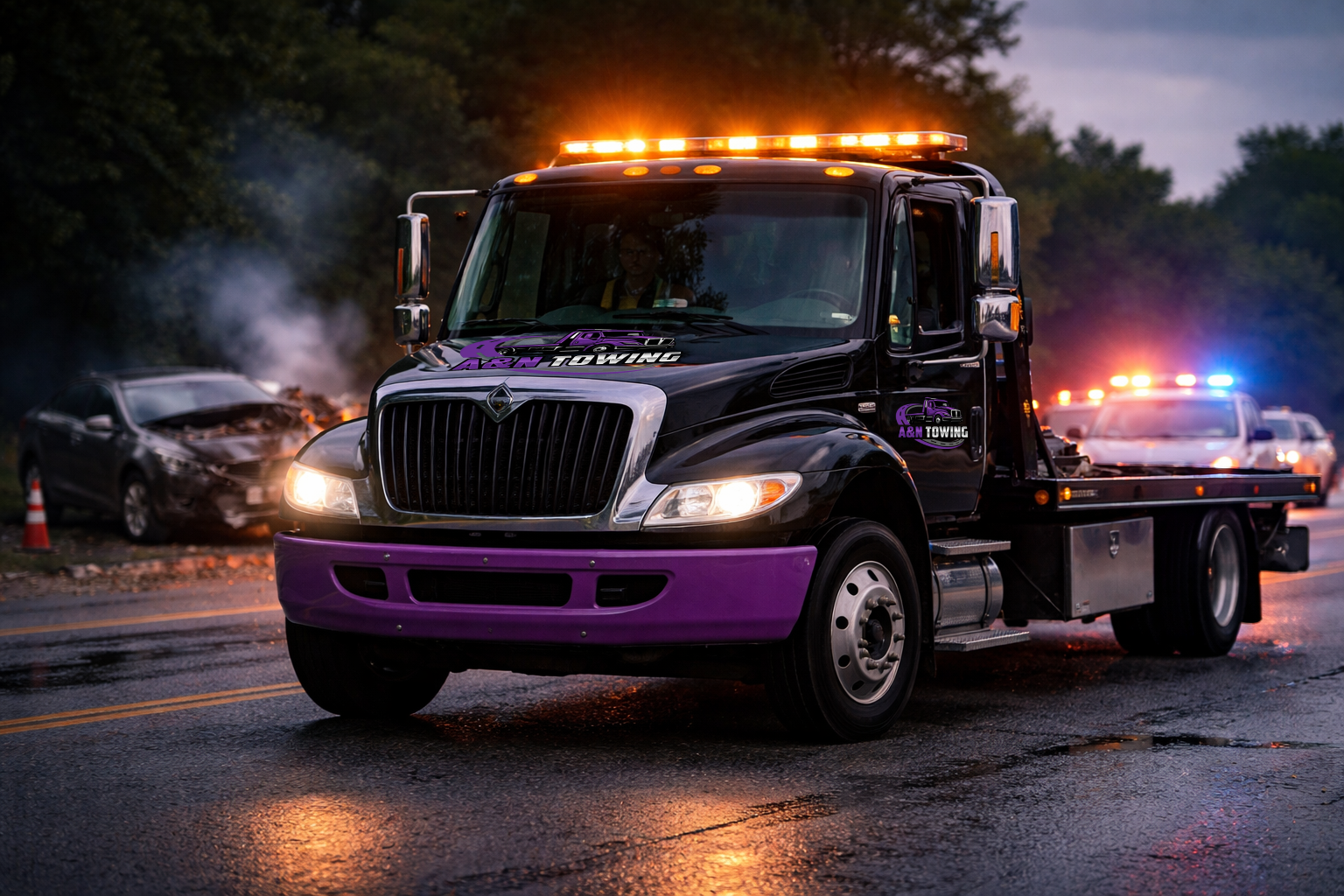 Emergency Towing Truck Arriving at Accident Scene Black emergency tow truck with purple bumper arriving at a roadside accident scene with warning light bar on