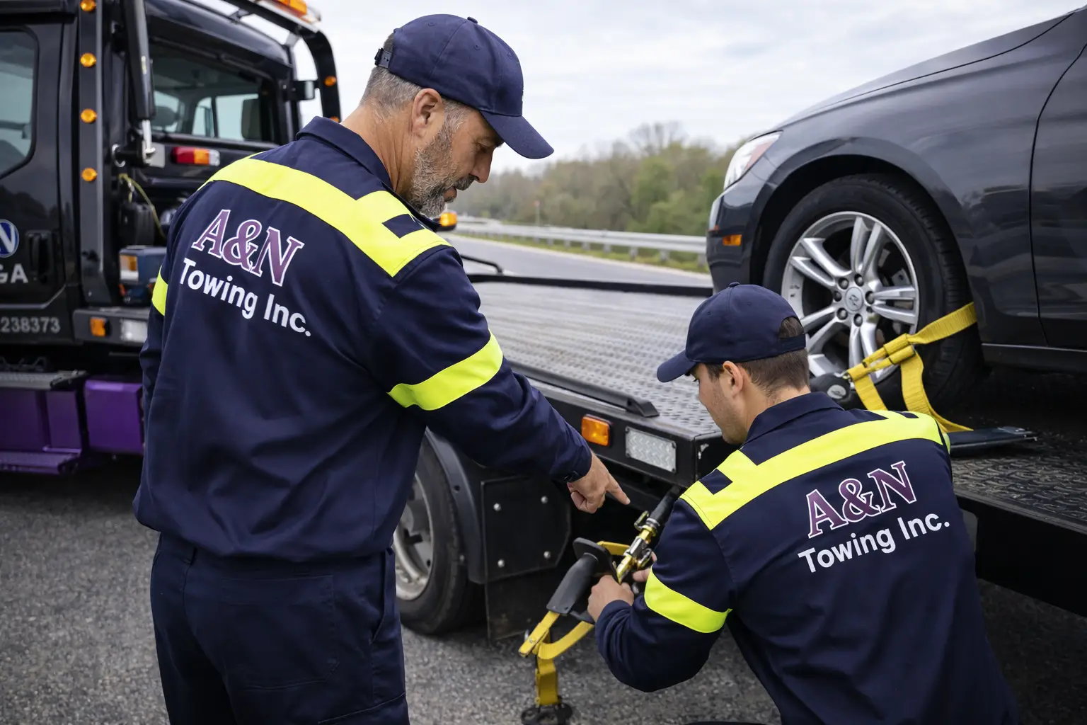 A&N Towing Inc. experienced staff securing a vehicle onto a flatbed tow truck on the highway